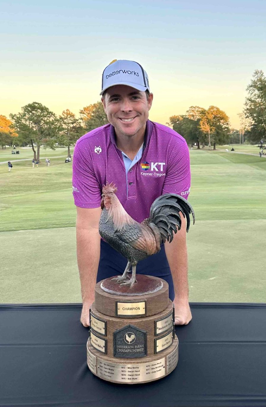 Sanderson Farms Champion Luke List with trophy made by Malcolm DeMille